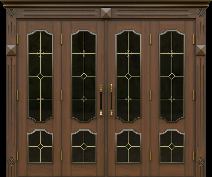 Mẫu thiết kế cửa gỗ 4 cánh pano kính hộp, có nan trang trí và tay nắm kim loại cao cấp.