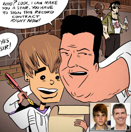 Vị giám khảo khó tính của American Idol - Simon Cowell và chàng ca sĩ điển trai Justin Bieber cũng được thể hiện bằng những nét vẽ hài hước.