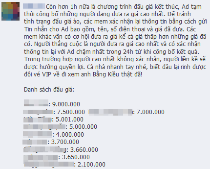 Một admin facebook tung ra bảng đấu giá vé liveshow Bằng Kiều, giá thấp nhất 2,1 triệu đồng.