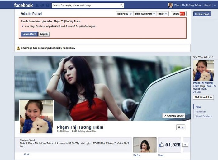 Fanpage Hương Tràm là tập hợp những thành viên yêu quý và ủng hộ Phạm thị Hương Tràm cũng mới bị Facebook khóa một cách vô lý, anh L cho biết.