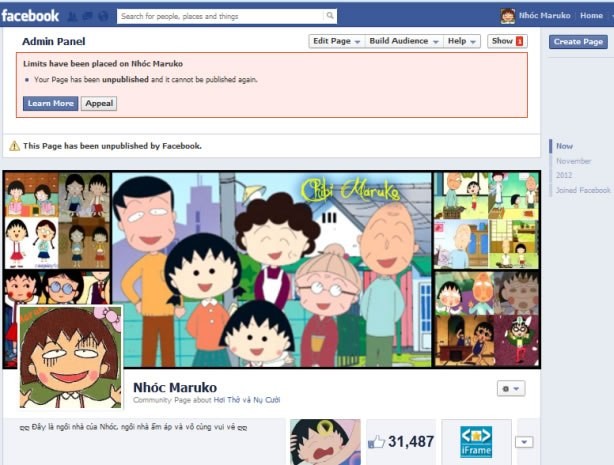 Ngay đến cả trang Nhóc Maruko, một trang chỉ dành cho những người yêu mến nhân vật trong truyện tranh cũng bị Facebook khóa với những lí do cực kì vô lý.