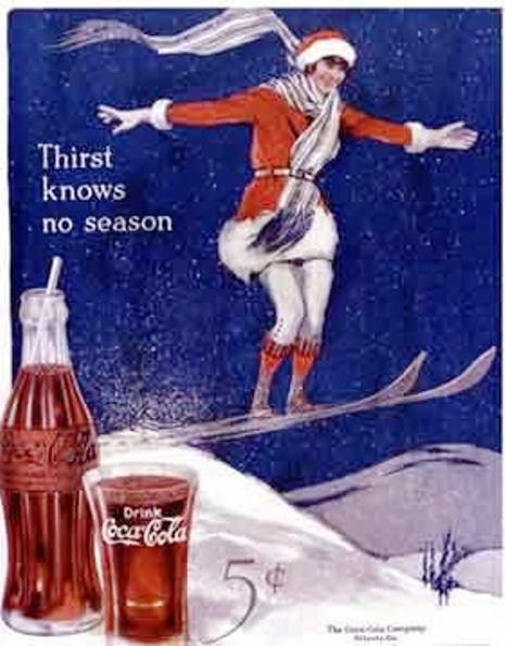 2. Soda 4 mùa (năm 1922) Với slogan “Thirst knows no season” (Mùa nào cũng khát), chiến dịch này là lần đầu tiên Coca-Cola tiến hành quảng cáo có quy mô và tổ chức. Đây cũng là lần đầu công ty tiếp thị Coke không chỉ là món đồ uống của riêng mùa hè, ngay cả dùng trong mùa đông cũng thật sảng khoái.