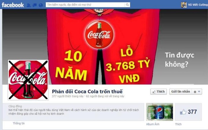 Người tiêu dùng lập ra nhiều trang trên Facebook, kêu gọi tẩy chay Coca-Cola nếu công ty này vẫn chưa minh bạch nghi án chuyển giá, né thuế.