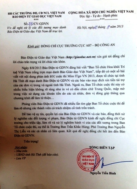 Công văn báo Giáo dục Việt Nam gửi đến Cục A87 (Bộ Công an)