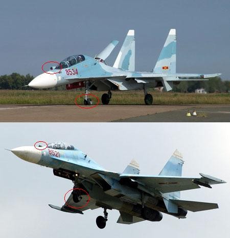 Su-30MK2V phía trên và Su-27UBK phía dưới trong biên chế Không quân Nhân dân Việt Nam. Sự khác biệt tại những điểm khoanh tròn.