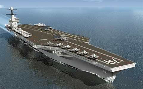 Bản vẽ mẫu của chiếc USS Gerald R.Ford năm 2004, ba năm trước khi nó bắt đầu được đóng. Boong tàu rộng sẽ cho phép nhiều máy bay cất cánh và hạ cánh hơn những tàu sân bay trước.