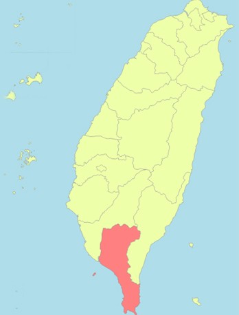 Tâm chấn của trận động đất hôm 26/2 nằm tại huyện Bình Đông (màu đỏ) của đảo Đài Loan. Ảnh: Wikipedia.