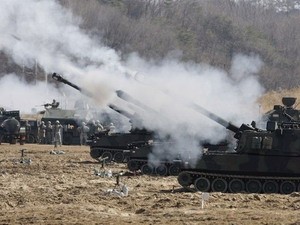 Xe tăng quân đội Mỹ bắn đạn thật trong cuộc tập trận ở Pocheon. (Nguồn: Getty Images)