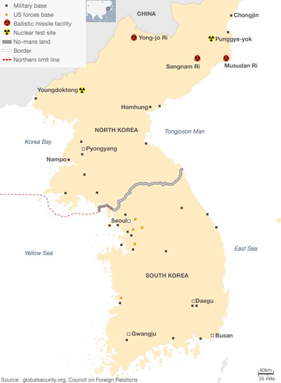 Bản đồ mô tả các khu vực thử hạt nhân (màu vàng) và cơ sở tên lửa đạn đạo (màu đỏ) của Triều Tiên. Hầu hết các cơ sở này được bố trí ở phía bắc của Triều Tiên. Đồ họa: Global Security/Council on Foreign Relations.