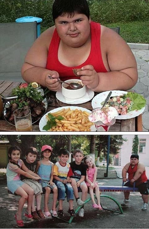 10. Một cậu bé 11 tuổi có tên Dzhambik Khatokhov (thường gọi là Jambik) đến từ Kabardino-Balkaria, Nga, nặng 147kg và cao 1m57 được coi là đứa trẻ béo nhất thế giới. Khi chào đời, Jambik cân nặng 2,9kg – mức chấp nhận được đối với một trẻ sơ sinh, nhưng đến ngày sinh nhật 1 tuổi, cậu bé đã nặng hơn 12,7kg. Lúc 3 tuổi, Jambik tăng thêm 3kg nhưng đến khi 4 tuổi đã đạt tới mức cân nặng đột biến là 36,7kg, mặc dù chỉ cao 1m19. Và đến khi 6 tuổi, cậu đã nặng 71,2kg. Kể từ đó, Jambik tiếp tục tăng thêm gần 50,8kg do ăn nhiều cháo đặc và kem. Xem thêm: Lạ lùng người phụ nữ khóc ra 'kim cương' / Trẻ béo phì dễ mắc ung thư gan khi trưởng thành / Bệnh lạ: Cô gái sau hôn mê bỗng trở thành... người đồng tính