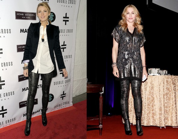 Trong vụ đụng quần da họa tiết này, Madonna nắm chắc phần thua vì chiếc áo sequine hơi bị "overload". Xem thêm:101 kiểu thời trang 'bước ra từ phòng ngủ' của Sao