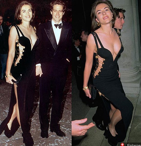 Liz Hurley trở thành ngôi sao tiệc đêm khi xuất hiện với chiếc váy “đính ghim” của Versace trong buổi ra mắt phim Bốn đám cưới và một đám ma năm 1994. Xem thêm: "Khai quật" vẻ đẹp thời xa vắng của Hoa đán Củng Lợi