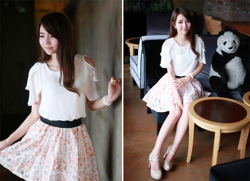 2. Chân váy hoa + áo trắng Xem thêm:Sao Việt xấu-đẹp bất thường với áo váy hoa lòe loẹt