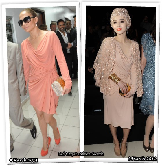 Cùng một kiểu váy, Jennifer Lopez mặc theo style đời thường đơn giản với cao gót ton sur ton còn Phạm Băng Băng lại "kiêu kỳ hóa" nó bằng cách kết hợp turban và áo choàng lấp lánh. Xem thêm: Phạm Băng Băng "khuân" tứ đại mỹ nữ Trung Hoa lên thảm đỏ Cannes