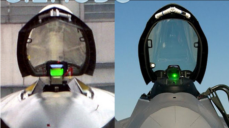 Hình ảnh so sánh hệ thống hiển thị HUD trên 2 loại máy bay tàng hình J-20 (trái) và F-22 (phải) đang làm các chuyên gia lo ngại rằng Trung Quốc đã ăn cắp được một số công nghệ tinh vi của máy bay chiến đấu Mỹ.