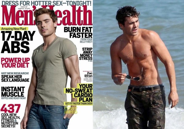 Trên bìa tạp chí Men’s Health số ra tháng 5, cánh tay của Zac Efron săn chắc, nhưng nhìn kỹ là biết đó chỉ là nhờ công nghệ chỉnh sửa ảnh. Xem thêm:Sao Hollywood tươi trẻ, sexy với kiểu mặc crop top