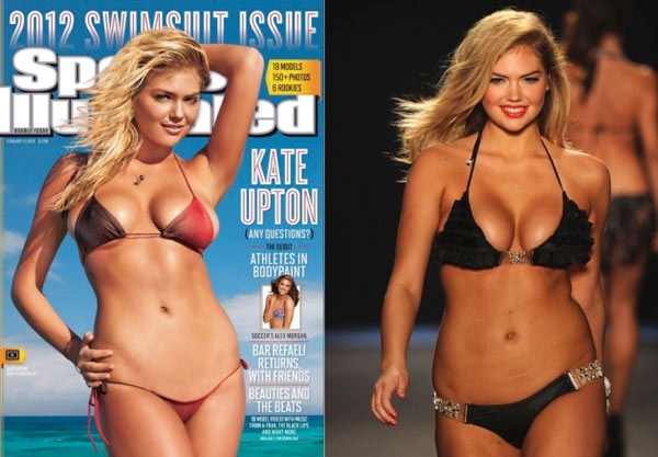 Thân hình có phần mập mạp của người mẫu Kate Upton được chỉnh cho số đo ba vòng gọn lại, da dẻ nuột hơn trên trang bìa tạp chí Sports Illustrated Swimsuit Issue 2012. Xem thêm:Sao Hollywood tươi trẻ, sexy với kiểu mặc crop top