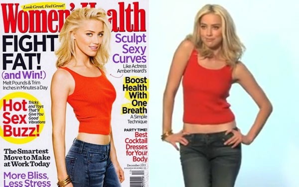 Khó có thể tìm được sự giống nhau giữa hình ảnh Amber Heard (phải) và khi đã được chỉnh sửa trên tạp chí Women’s Health số ra tháng 12.2011 (trái). Xem thêm:Sao Hollywood tươi trẻ, sexy với kiểu mặc crop top