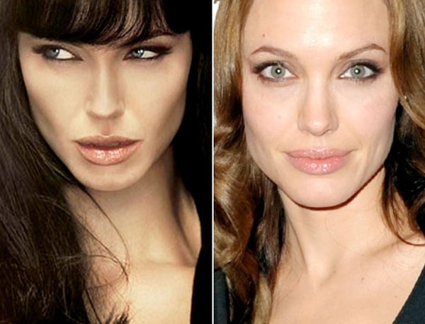 Là một trong những mỹ nhân đẹp nhất thế giới, nhưng Jolie cũng không tránh được bàn tay phù thủy của photoshop. Trên poster quảng bá phim Salt, khuôn mặt của bà mẹ sáu con xương xẩu, má hóp lại, xương gò má cao lên, mũi cũng cao và gọn hơn. Xem thêm:Sao Hollywood tươi trẻ, sexy với kiểu mặc crop top
