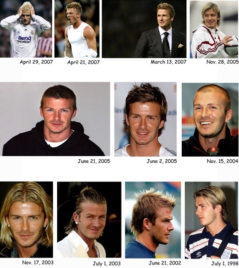 Tổng hợp "thời trang" tóc của Beckham từ năm 1998 đến năm 2007.(Ảnh: MU) Xem thêm:Khám phá 10 quy tắc vàng trong làm đẹp của Victoria Beckham