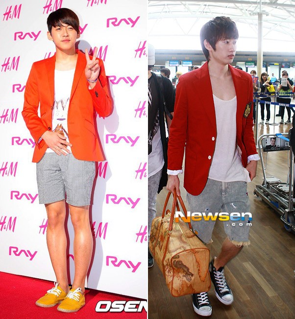 Anh chàng Dongho của U-kiss đưa phong cách color block vào trang phục bằng blazer cam, giày vàng nổi bật còn Eunhyuk bớt chói hơn với quần ngố màu ghi đá và blazer đỏ. Xem thêm: Đẹp trai và phong cách như thần tượng Hàn Quốc Jae Bum