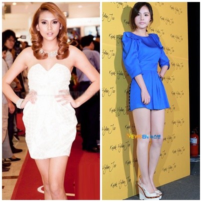 Chiếc váy theo hình "chum hoa" khiến Võ Hoàng Yến có phần hơi "mập mạp" so với thể hình chuẩn của một siêu mẫu. Còn Min Hyo Rin trẻ trung và nổi bật với đầm xanh.