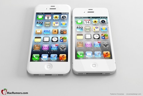 Mẫu iPhone 5 dài hơn với màn hình 4-inch (bên trái) và iPhone 4S (bên phải). Ảnh: MacRumors. (Bấm vào ảnh để phóng to/thu nhỏ)