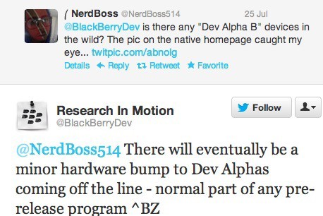 Ảnh chụp màn hình về dòng tweet của RIM xác nhận BlackBerry Dev Alpha B
