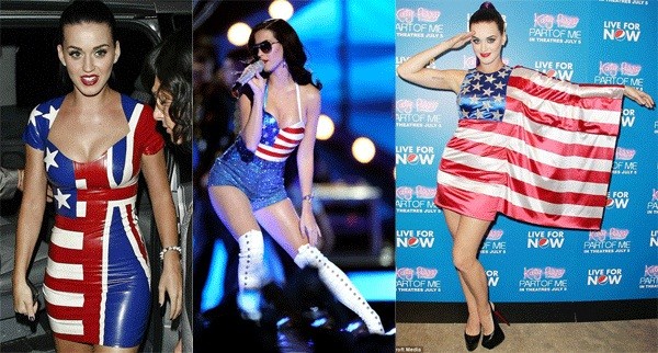 Katy Perry thể hiện sự yêu thích xu hướng này khi cô nàng thường xuyên xuất hiện với nhiều kiểu trang phục khác nhau đều in hình cờ Mỹ.