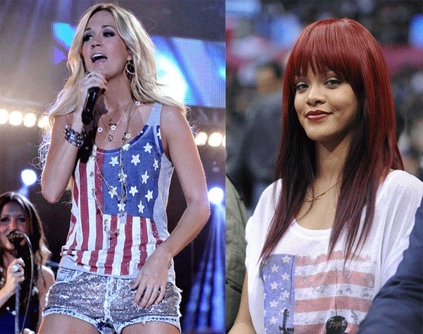 Hai nữ ca sĩ Carrie Underwood và Rihanna trẻ trung, năng động với áo thun in hình kẻ sọc đỏ và những ngôi sao trắng trên nền xanh.