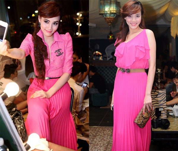 Tới tham dự các sự kiện, Trang Nhung chọn cho mình chiếc váy xếp ly màu hồng rực rỡ, rất duyên dáng và nữ tính.