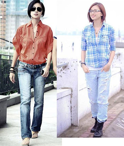 Ngô Thanh Vân rất hợp với những chiếc quần jeans skinny ôm sát và áo sơ mi.
