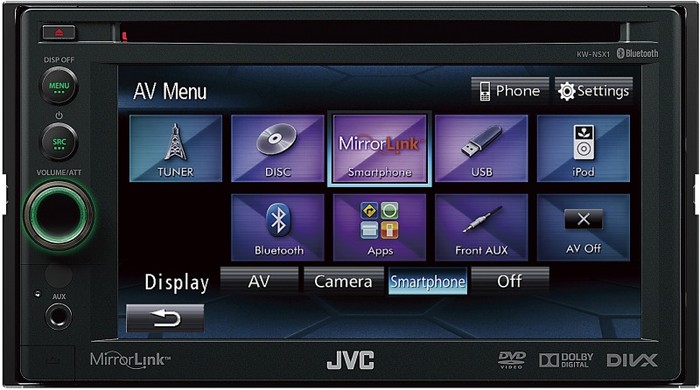 Thiết bị kết nối di động ở Châu Âu: JVC KW-NSX1 Đây là hệ thống in car có màn hình cảm ứng 6,1", cho phép người sử dụng tương tác một cách dễ dàng với các thiết bị lưu trữ như DVD, CD, USB, hỗ trợ kết nối Bluetooth và khả năng tương thích với các máy iOS. Đây cũng là một trong những thiết bị đầu tiên trên thị trường dùng công nghệ Mirror Link để truyền tải hình ảnh từ thiết bị Android hoặc Symbian, do đó người dùng có thể sử dụng được các phần mềm của mình trên một màn hình lớn và thuận tiện hơn cho việc điều hướng khi lái xe.