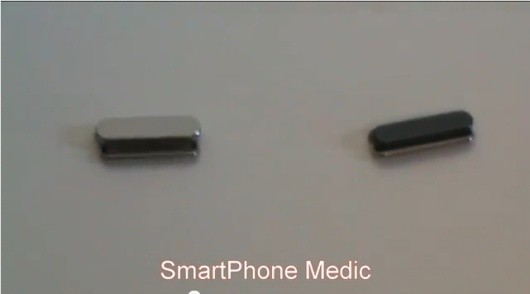 5. Các nút bấm nhỏ hơn: Do thân máy iPhone 5 mỏng hơn nên các nút vật lý cũng phải mỏng đi. Một nguồn tin cho biết, nút nguồn, phím câm và điều chỉnh âm lượng sẽ nhỏ đi đôi chút để lắp vừa thân máy. Tuy nhiên, nút Home vẫn giữ kích thước tương đồng như trước.