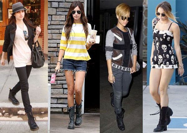 Các sao Hollywood thường chọn combat boots để bổ sung nét cá tính cho bộ trang phục của mình (từ trái qua: Emma Roberts, Ashley Tisdale, Rihanna, Miley Cyrus).