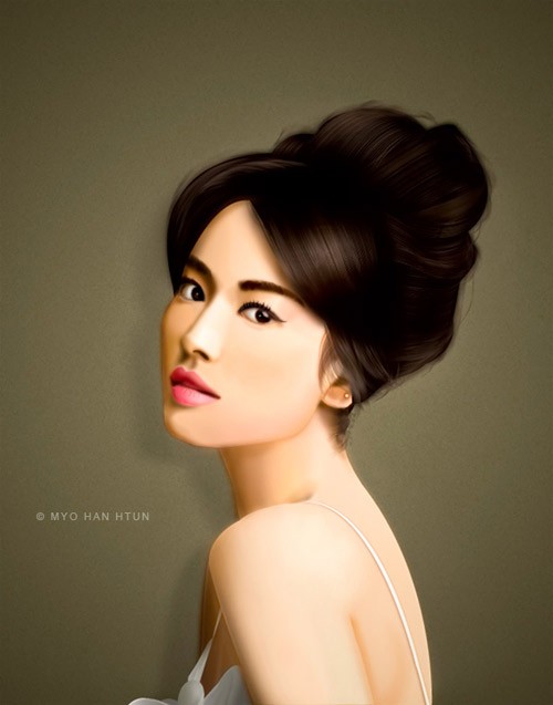 Bức ảnh với tư thế ngoái nhìn từ phía sau, giúp Song Hye Kyo khoe được vai trần khá thon, cố cao quyến rũ và gương mặt khá sắc nét nên đã được nhiều họa sĩ, người hâm mộ chọn vẽ.