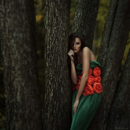 Người đẹp hóa mình vào thân cây với những đóa hoa hồng nổi bật.