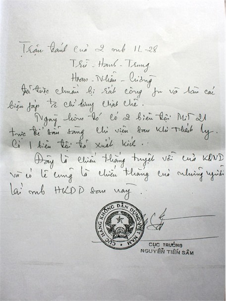 Bút ký của đồng chí Cục trưởng Nguyễn Tiến Sâm – nguyên Biên đội trưởng biên đội máy bay mic 21 bay yểm hộ cho 2 tổ bay IL- 28 rút về căn cứ an toàn.