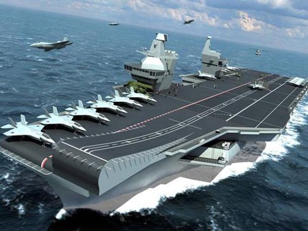Tàu sân bay HMS Queen Elizabeth của Anh trong tương lai, áp dụng phương án cất cánh kiểu nhảy cầu.