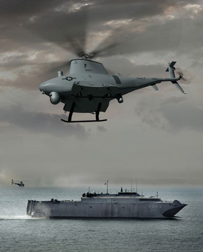 Hiện nay, máy bay trực thăng không người lái trang bị cho tàu chiến còn rất ít. Trong hình là máy bay trực thăng không người lái MQ-8 Fire Scout của Mỹ.