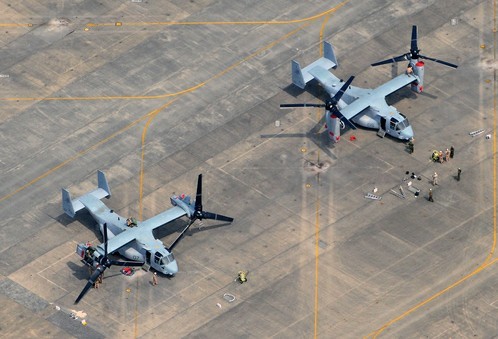 Máy bay vận tải cánh xoay MV-22 Osprey ở căn cứ Iwakuni, tỉnh Yamaguchi, Nhật Bản. Mỹ có kế hoạch triển khai 24 máy bay này ở căn cứ Futenma, tỉnh Okinawa, Nhật Bản vào tháng 10 tới.