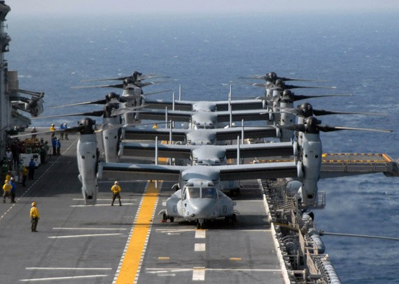Máy bay vận tải đa năng MV-22 Osprey của Mỹ, đã triển khai 24 chiếc ở Nhật Bản.