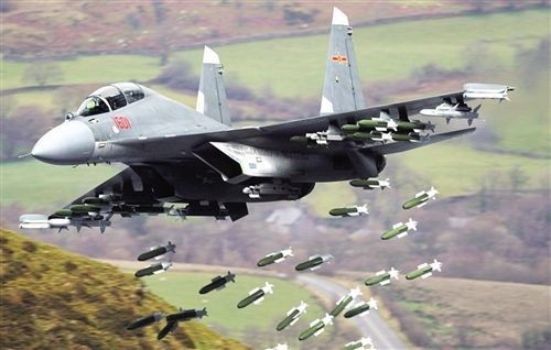 Máy bay chiến đấu J-16 ném bom (dân mạng vẽ, nguồn: báo Hoàn Cầu, TQ)