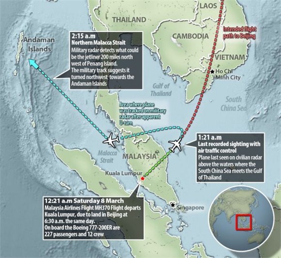 Báo Anh dự đoán tuyến đường chuyển hướng của máy bay chở khách Malaysia mất tích từ Biển Đông có thể lệch sang eo Malacca hoặc Ấn Độ Dương