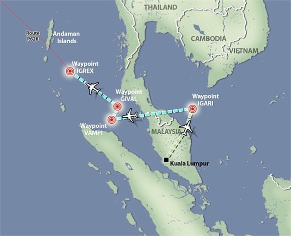 Báo Anh dự đoán tuyến đường chuyển hướng của máy bay chở khách Malaysia mất tích