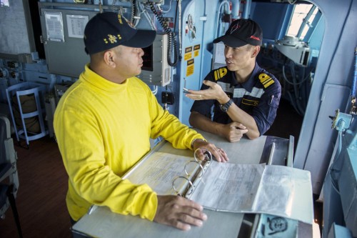 Tập trận Malabar 2014: Sĩ quan tham diễn bàn bạc trên tàu chiến Mỹ ngày 27 tháng 7 năm 2014
