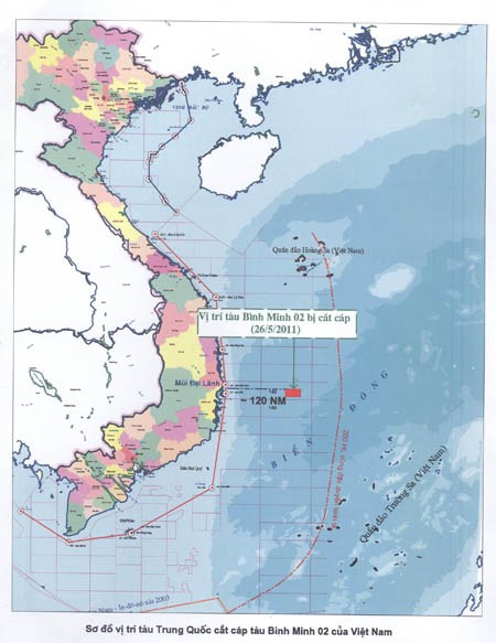 Sơ đồ vị trí tàu Trung Quốc cắt cáp tàu Bình Minh 02 của Việt Nam - sự kiện khủng bố này diễn ra ở vùng đặc quyền kinh tế của Việt Nam vào tháng 5 năm 2011.