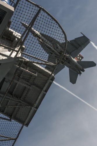 Máy bay chiến đấu hạ cánh trên tàu sân bay USS Carl Vinson (nguồn mạng sina Trung Quốc)
