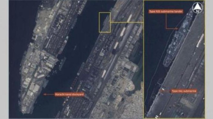 Hình ảnh vệ tinh tàu ngầm thông thường Type 039A và tàu chi viện Type 935 của Hải quân Trung Quốc xuất hiện ở cảng Karachi, Pakistan