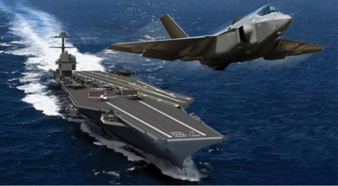 Tàu sân bay động cơ hạt nhân thế hệ mới USS Gerald R Ford Mỹ và máy bay chiến đấu tàng hình F-35C (mô hình)